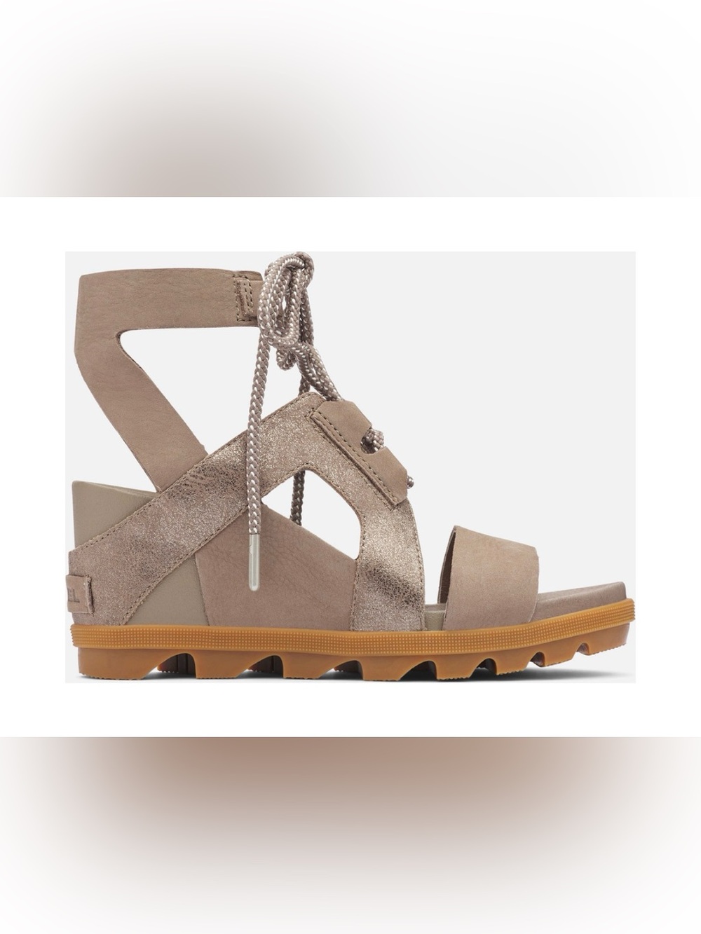 Sorel “Joanie II” wedge tie sandals, 8.5, ash color
